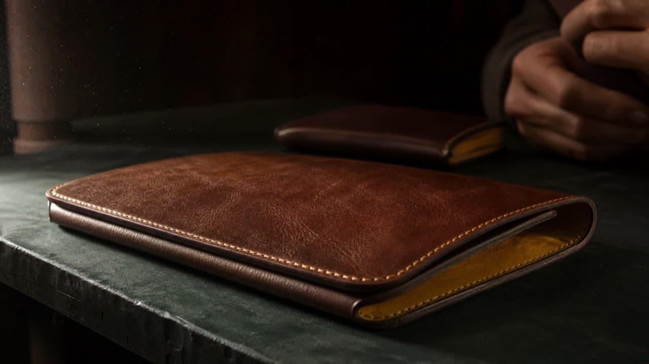 A leather document folio resting closed on a counter in a shaft of side light