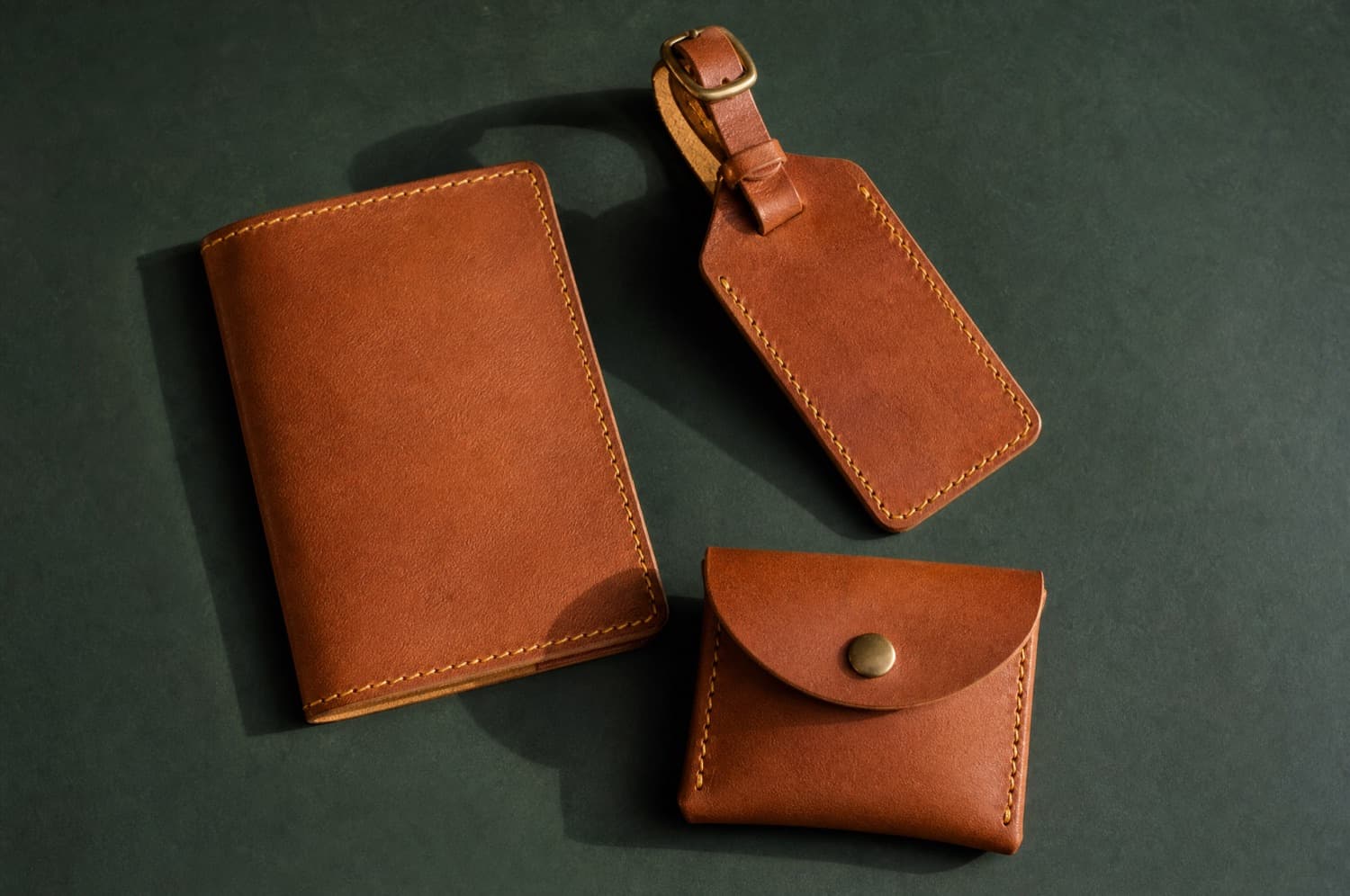 A three-piece leather set arranged as a group, photographed from above