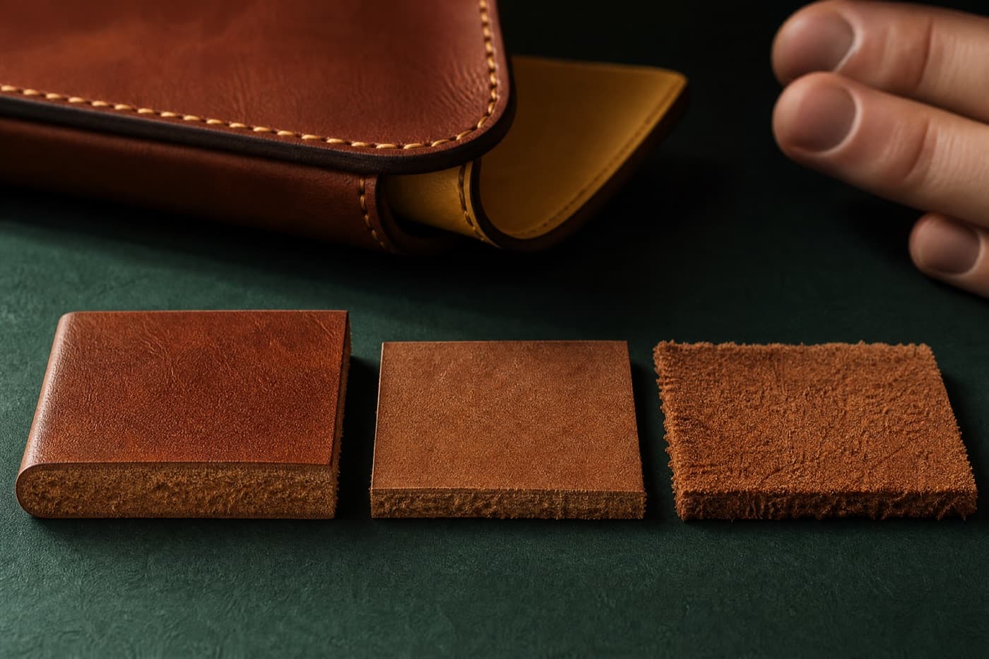 Three leather swatches laid side by side with their cut edges to camera, showing the structure of a full-grain hide, a sanded top-grain hide and a fibrous split