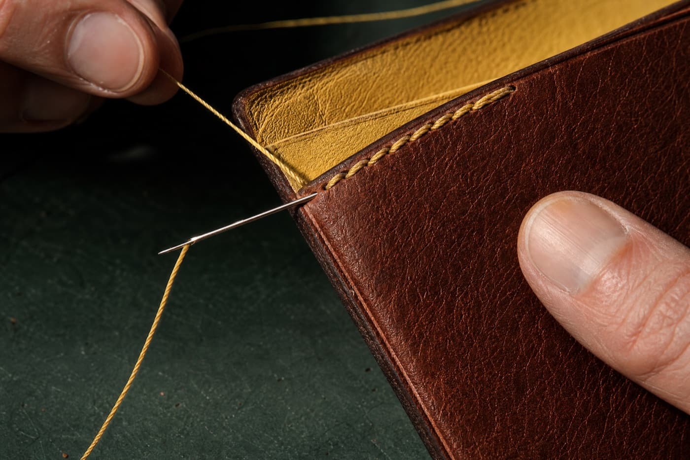 Close detail of the leather and stitching used for the Earplug Case
