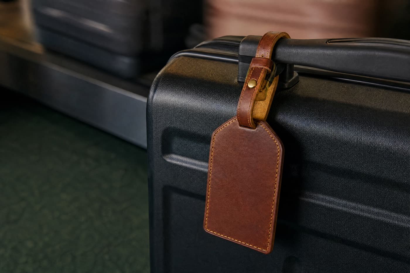 A leather luggage tag hanging from a suitcase handle on a moving baggage belt