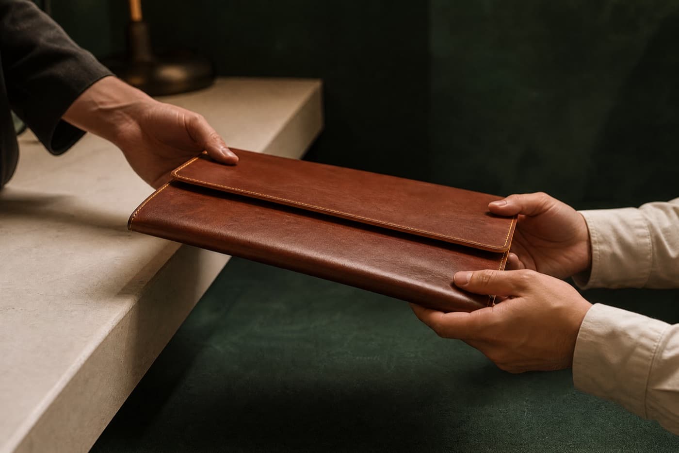 Hands passing a leather document folio across a counter